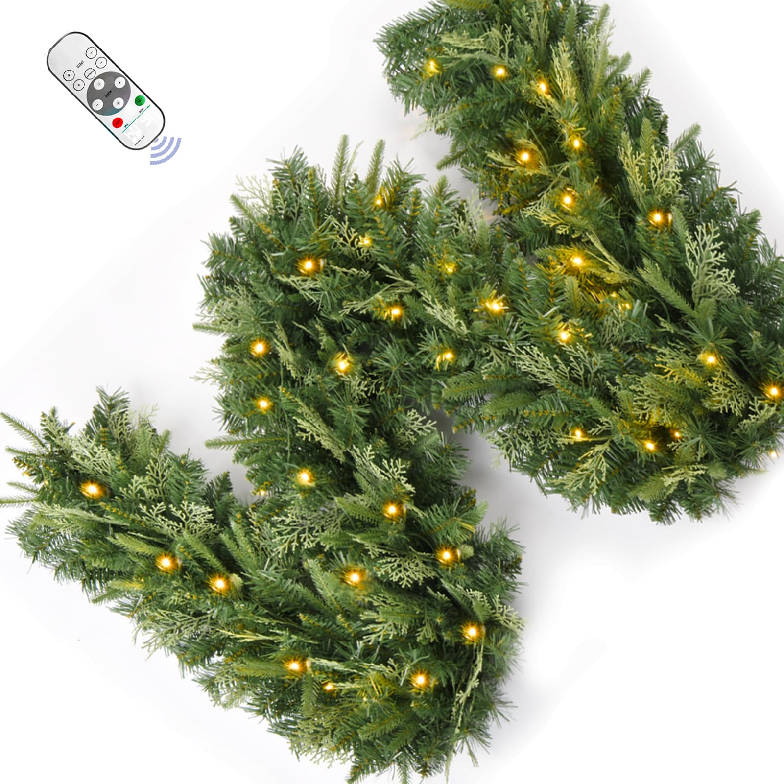 Photo 1 of Christmas Garland with Dual Color 50 LED Lights 9 Ft, Prelit Xmas Garland with Cypress Leaf, Timer by Remote Control and Batteries Operated for Mantle Staircase Indoor and Outdoor