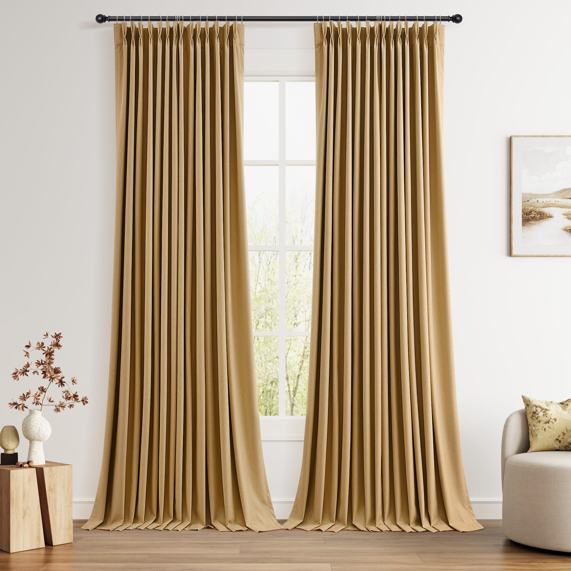Photo 1 of Joywell Camel Brown Pinch Pleated 100% Blackout Linen Curtains 2 Panels Linen Blend Room Darkening Curtains 108 Inch for Living Room Bedroom Thermal Insulated Pinch Pleat Drapes Ceiling to Floor 9ft