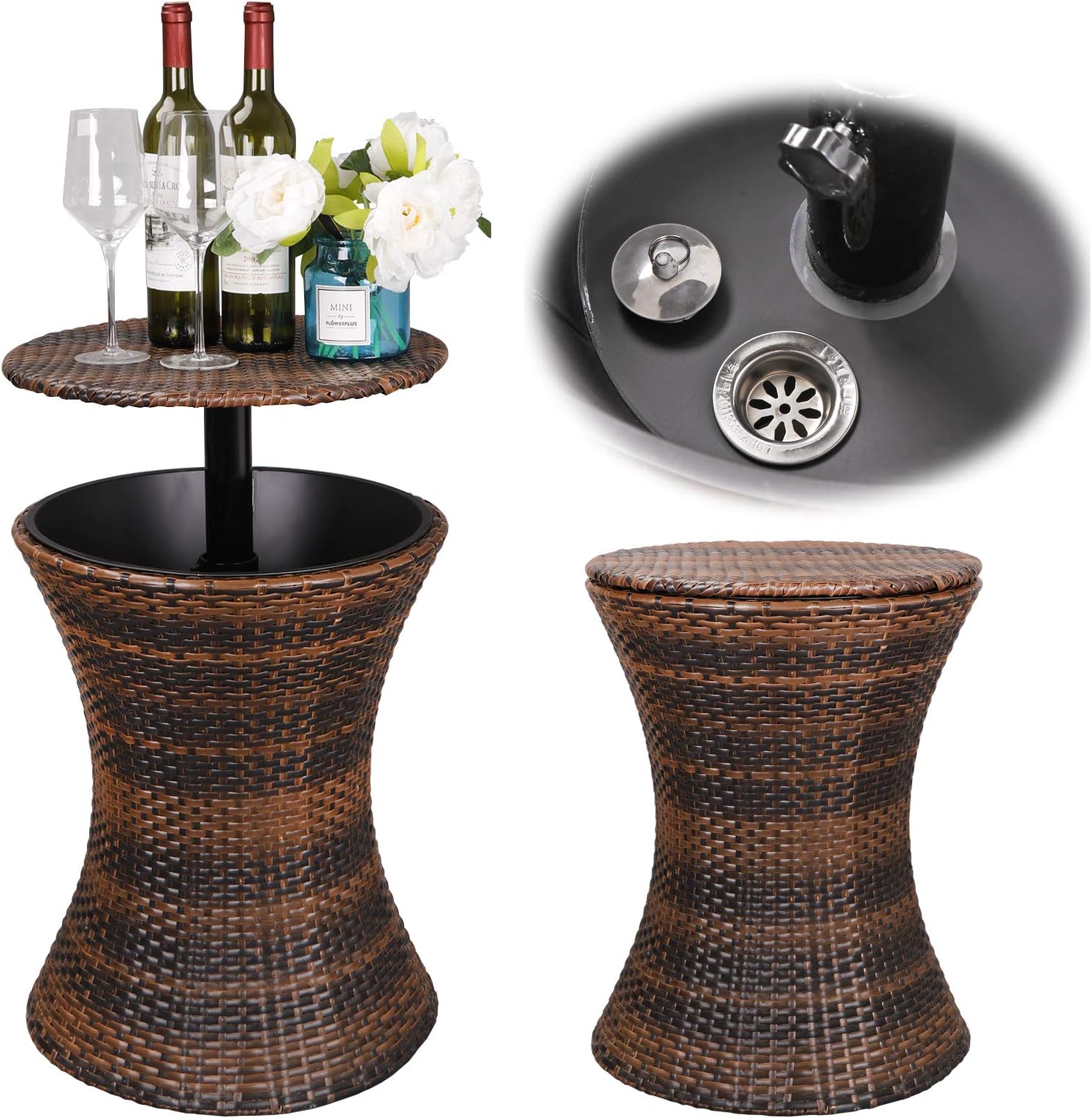 Oteymart 5.5-Gal Cool Bar Table Outdoor Wicker Coffee Table Adjustable Patio Cooler with Ice Bucket,Party Pool