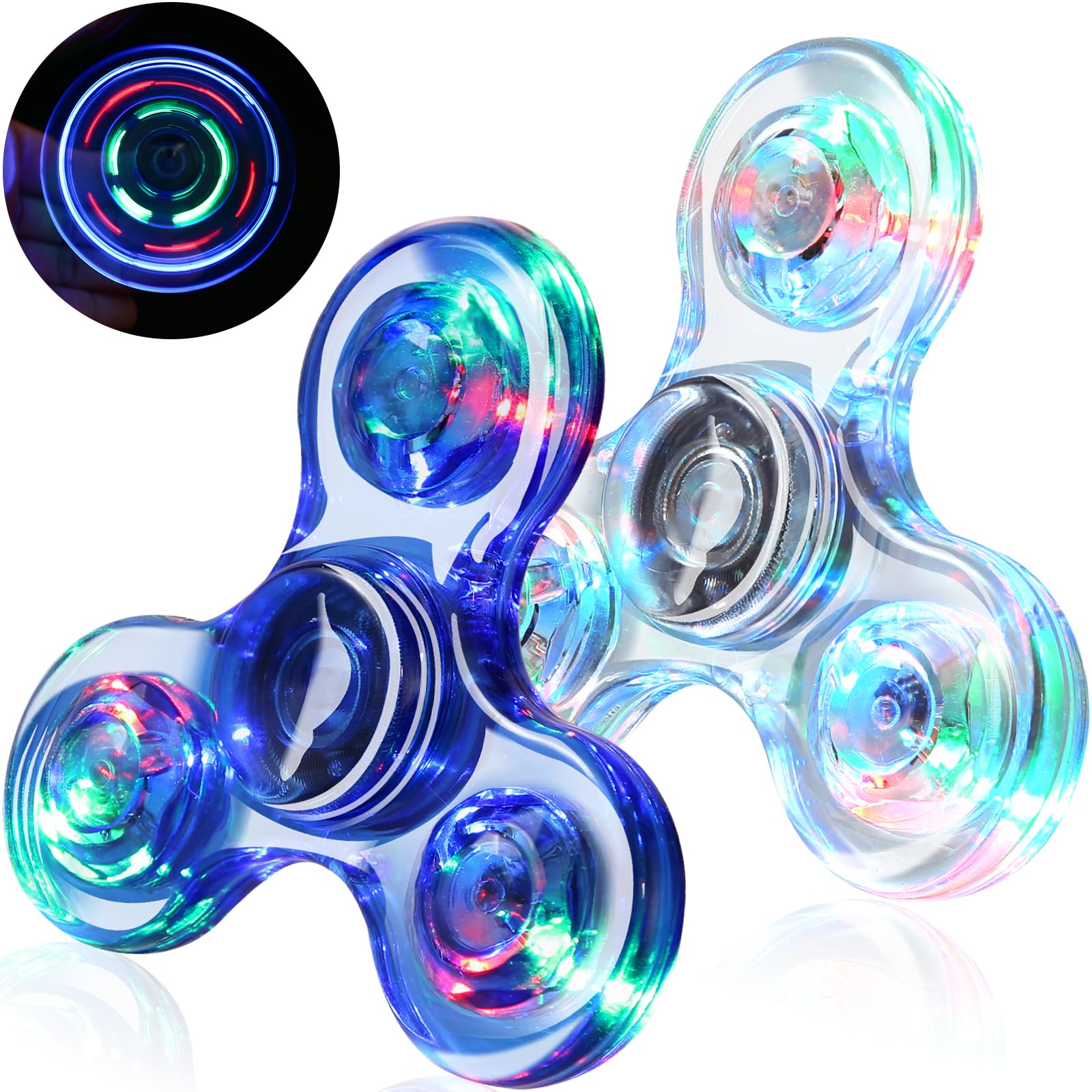 SCIONE 2PCS Crystal LED Light Fidget Spinner for Kids,Light Up Fidget Toys for Kids,Glow in The Dark Party Bag Fillers for Children Adults(Crystal- Blue and White)
