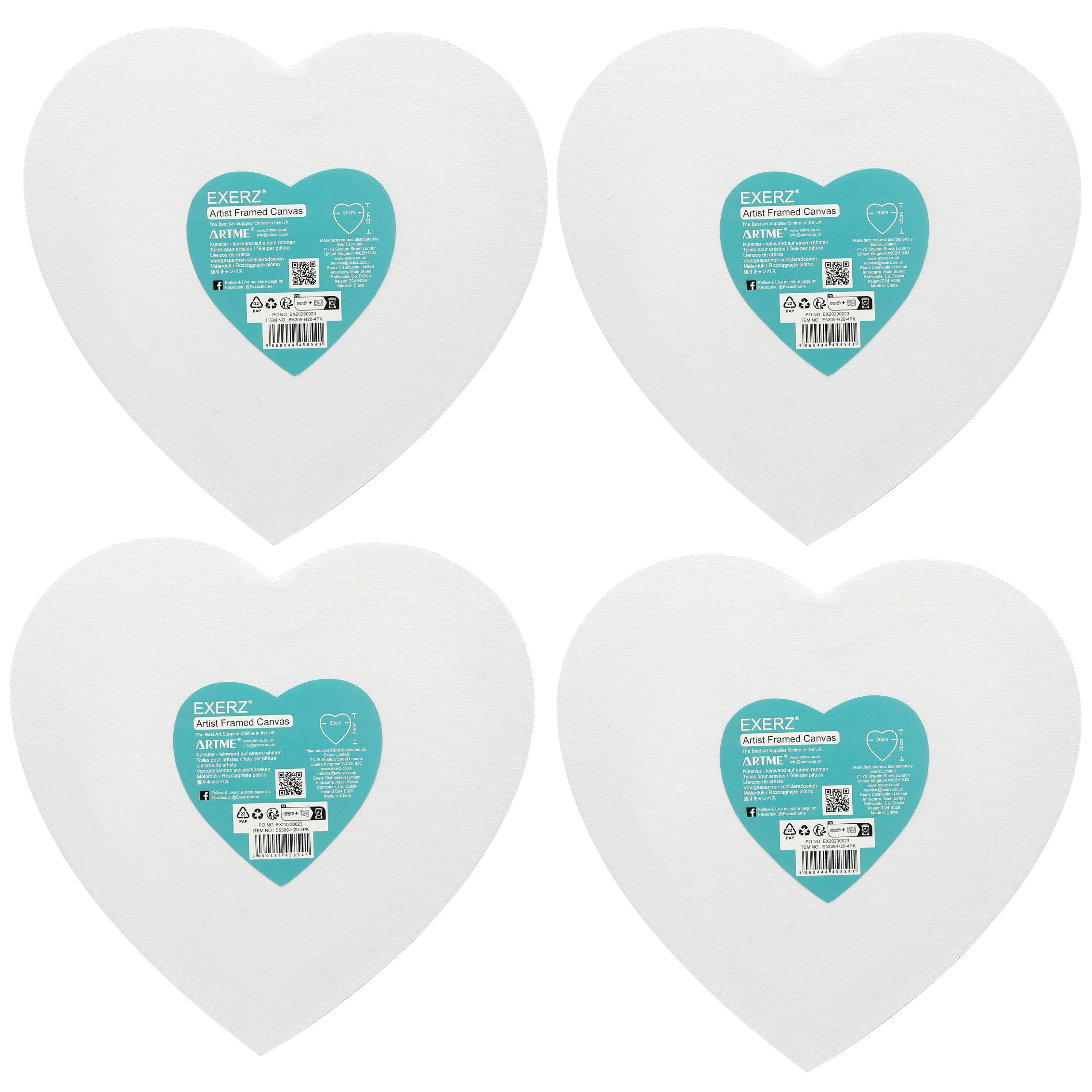 Exerz Heart-Shaped Stretched Canvas 20cm, 4-Pack - 280GSM 100% Cotton, Triple Primed, Acid-Free, Medium Grain, Artist Framed 1.7cm - Ideal for Acrylic & Oil Painting