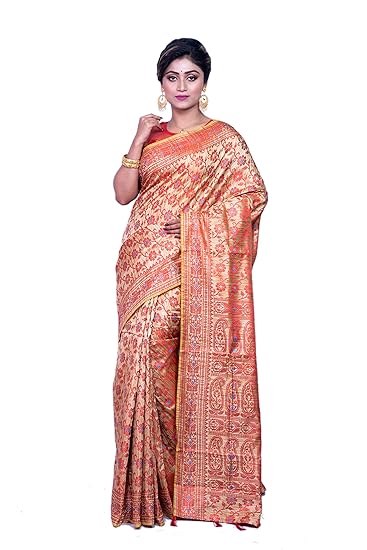 Meera Fashion and Store Womens Self Ambose Design Poly Silk Saree with Blouse Piece (MF-16, Red, Beige)