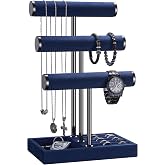 Jewelry Storage Organizer for Mens, 3 Tier Velvet Jewelry Organizer, Blue | Mens Jewelry Box for Watches Chains Bracelets and Earrings | Watch Display Stands for Men | Jewelry Tree | Jewelry Towers