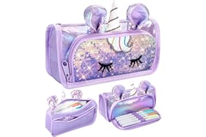 LISEVO Cute Unicorn Pencil Case, 3D Pencil Pouch for Girls Kids, Sparkly Pencil Bag with Sequins for Students, Glitter Bling School Supplies Stationary Pen Holder, Purple