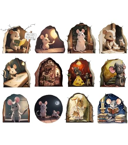 Sticker Mural 3D Souris Qui Lit - 50x32 Cm, PVC, Effet Trou Réaliste