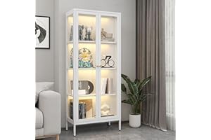 Kubohogar Display Cabinet with Glass Doors, 66" Curio Cabinet with 3 Color Lights, 4 Tier Display Case for Collectibles, Bookcase with Doors for Living Room