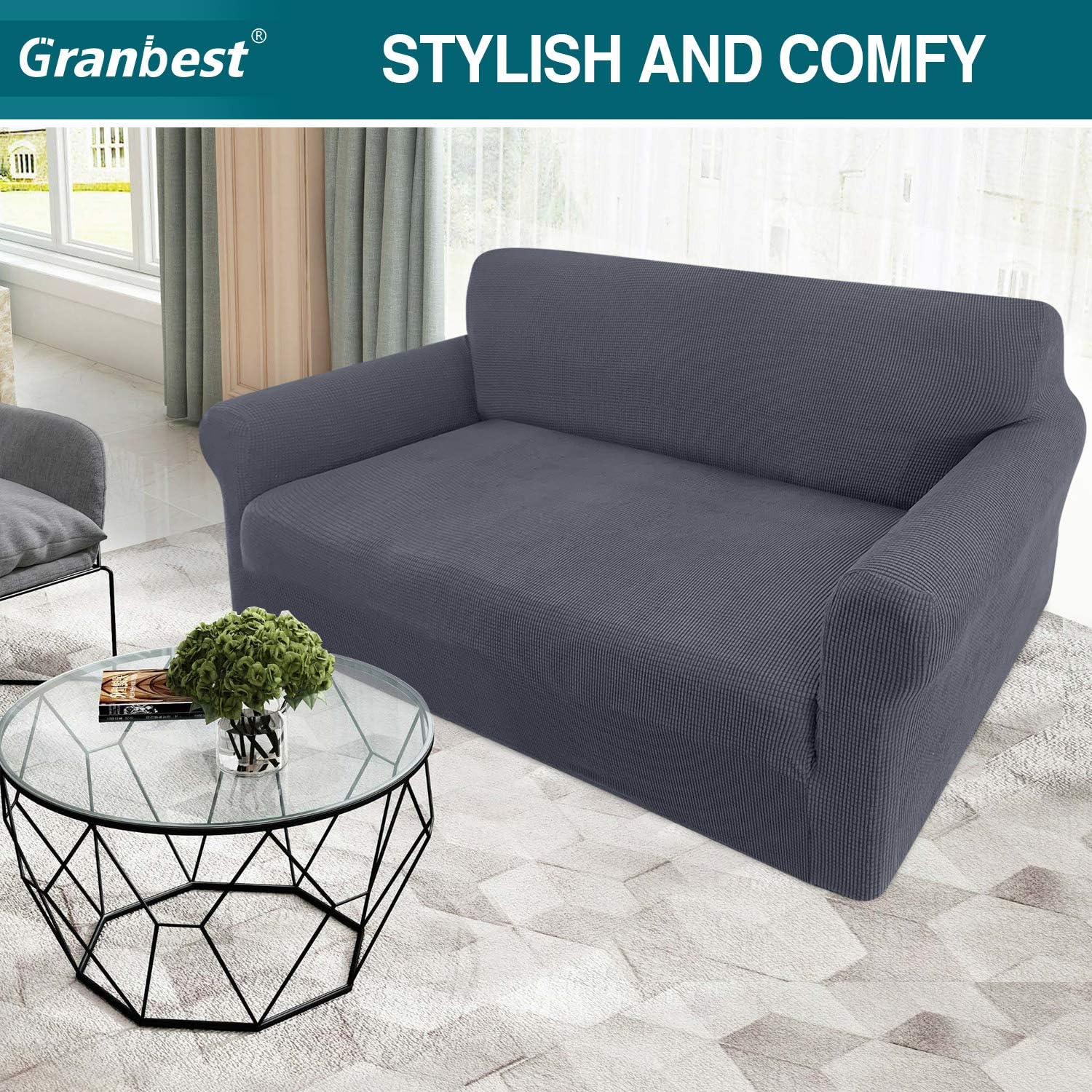 Granbest High Stretch Sofa Covers Universal Super Soft Loveseat Couch Jacquard Covers for Dogs Non Slip Furniture Protector Machine Washable (2 Seater - Image 3