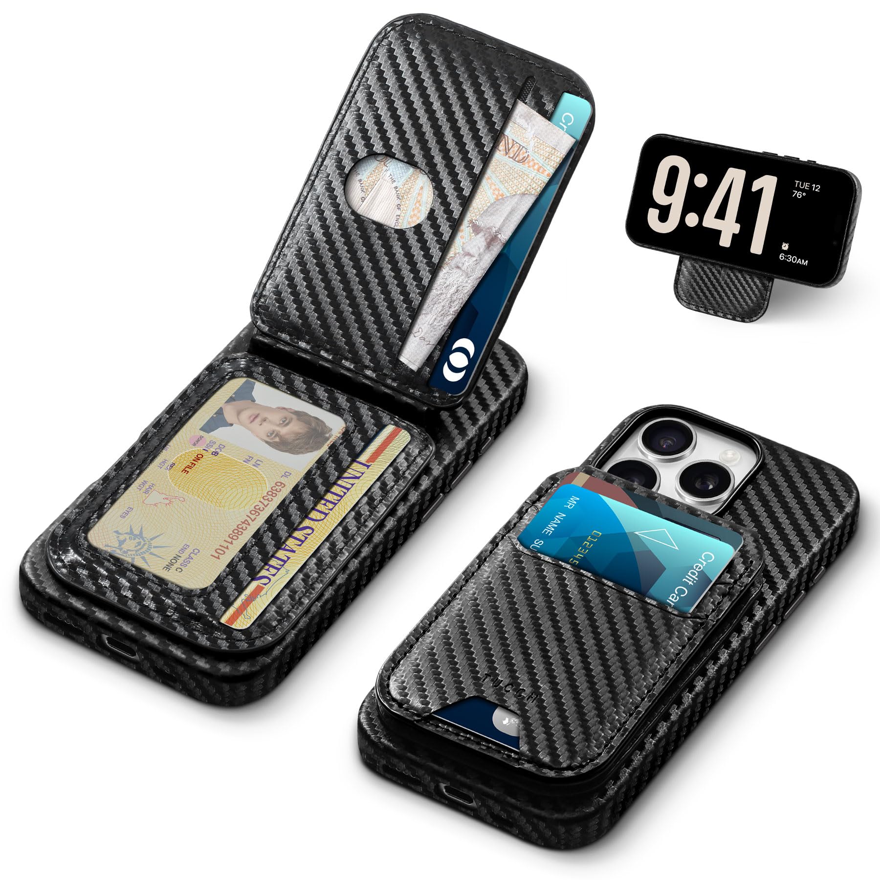 TUCCH PU Leather Case for iPhone 16 Pro (6.3") 2024 with Detachable Magnetic Wallet Stand with[5 Card Holders][RFID Blocking][Wireless Charging] Slim Phone Cover for iPhone 16 Pro, Carbon Fiber Black