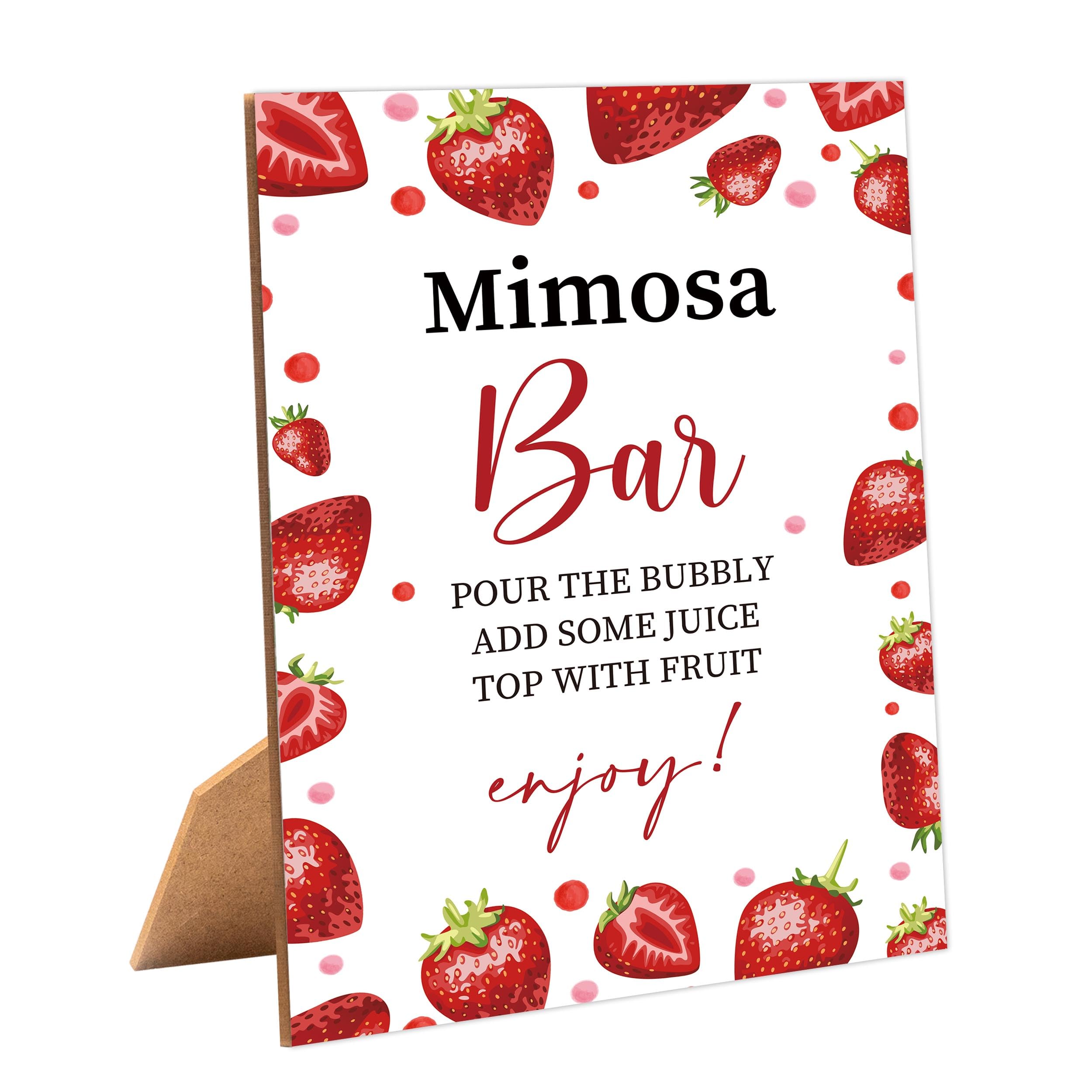 Photo 1 of Strawberry Mimosa Bar Sign for Bridal Shower, 1 Pack Wooden Sign with Stand Tabletop Decor, Berry Sweet Bridal Shower Decoration, Engagement Bachelorette Party Supplies - JF03