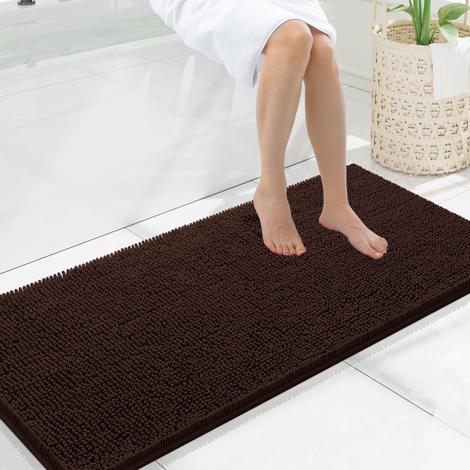 Photo 1 of Smiry Luxury Chenille Bathroom Rugs 47x20, Extra Soft and Absorbent Shaggy Bath Mat, Machine Washable, Non-Slip Plush Carpet Runner for Tub, Shower, and Floor, Home Decor Accessories, Brown