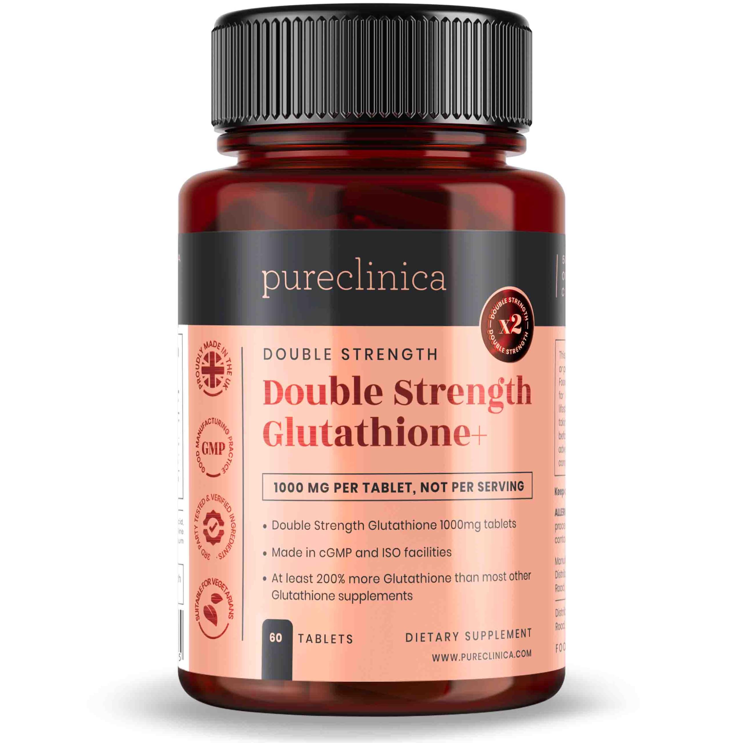 Glutathione 1000mg - 60 Tablets (1-a-Day) by Pureclinica | High Strength with 500mg Glutathione, 300mg Alpha Lipoic Acid & 200mg Vitamin C per Tablet | Antioxidant & Detox Support