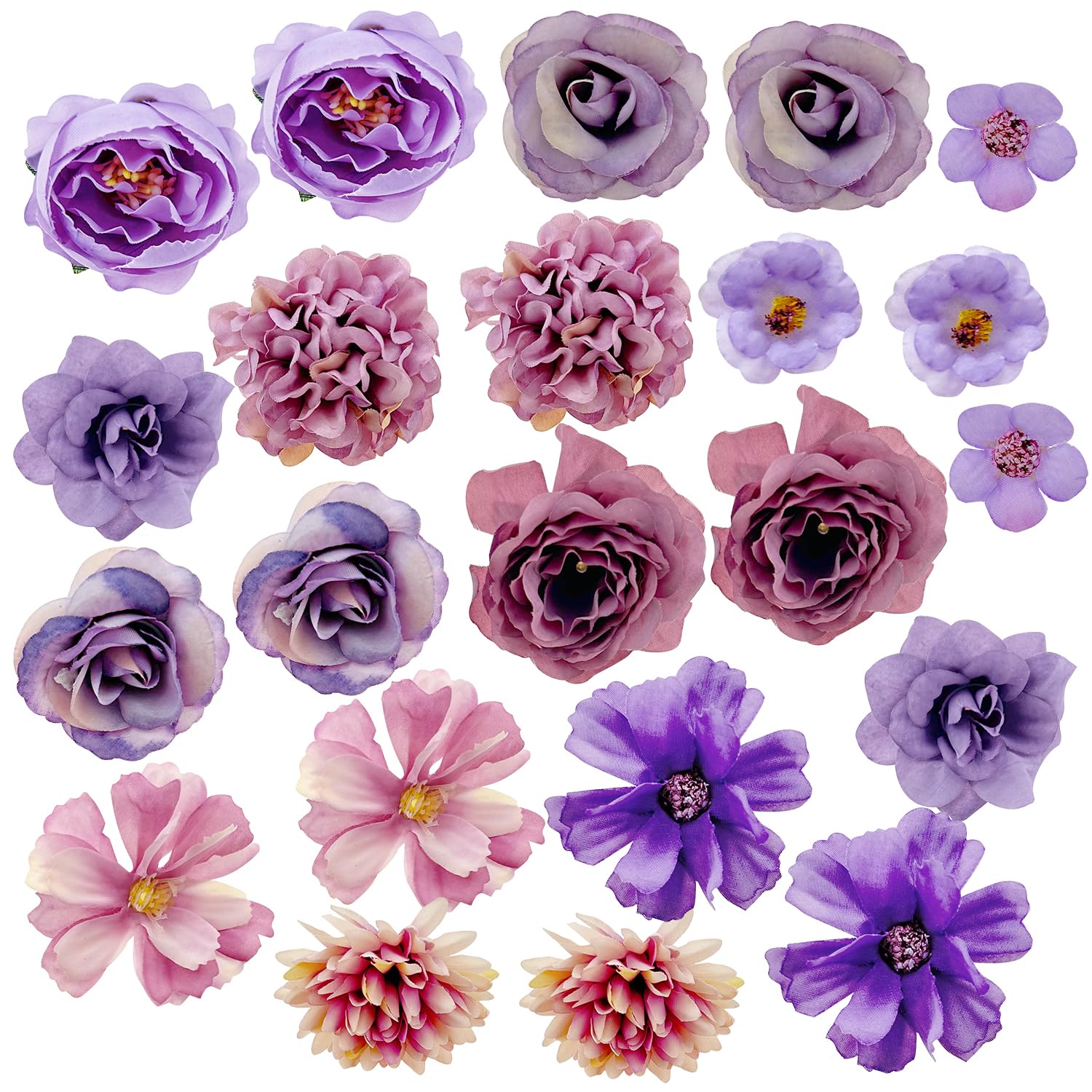 Jaczora 20 PCS Purple Artificial Flower, Heads-Craft Fake flower Decoration Mini Silk Pink Flower Heads Bulk Mix for for Home Decor, Wedding Bouquet DIY, Party, Garden, Cake Decoration