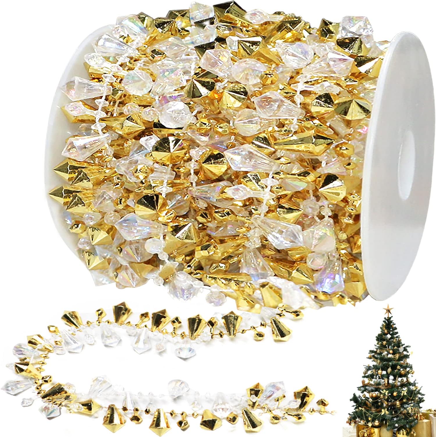 Wreaths, Garlands & Swags - Jishi 16ft Christmas Garland Christmas Tree Gold Bead Decoration Clear Iridescent & Gold Bead Garland Twist Bead String for Christmas Tree Decorations, Rustic Crystal Garland Ornaments for Home Decor