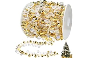Jishi 16ft Christmas Garland Christmas Tree Gold Bead Decoration Clear Iridescent & Gold Bead Garland Twist Bead String for Christmas Tree Decorations, Rustic Crystal Garland Ornaments for Home Decor
