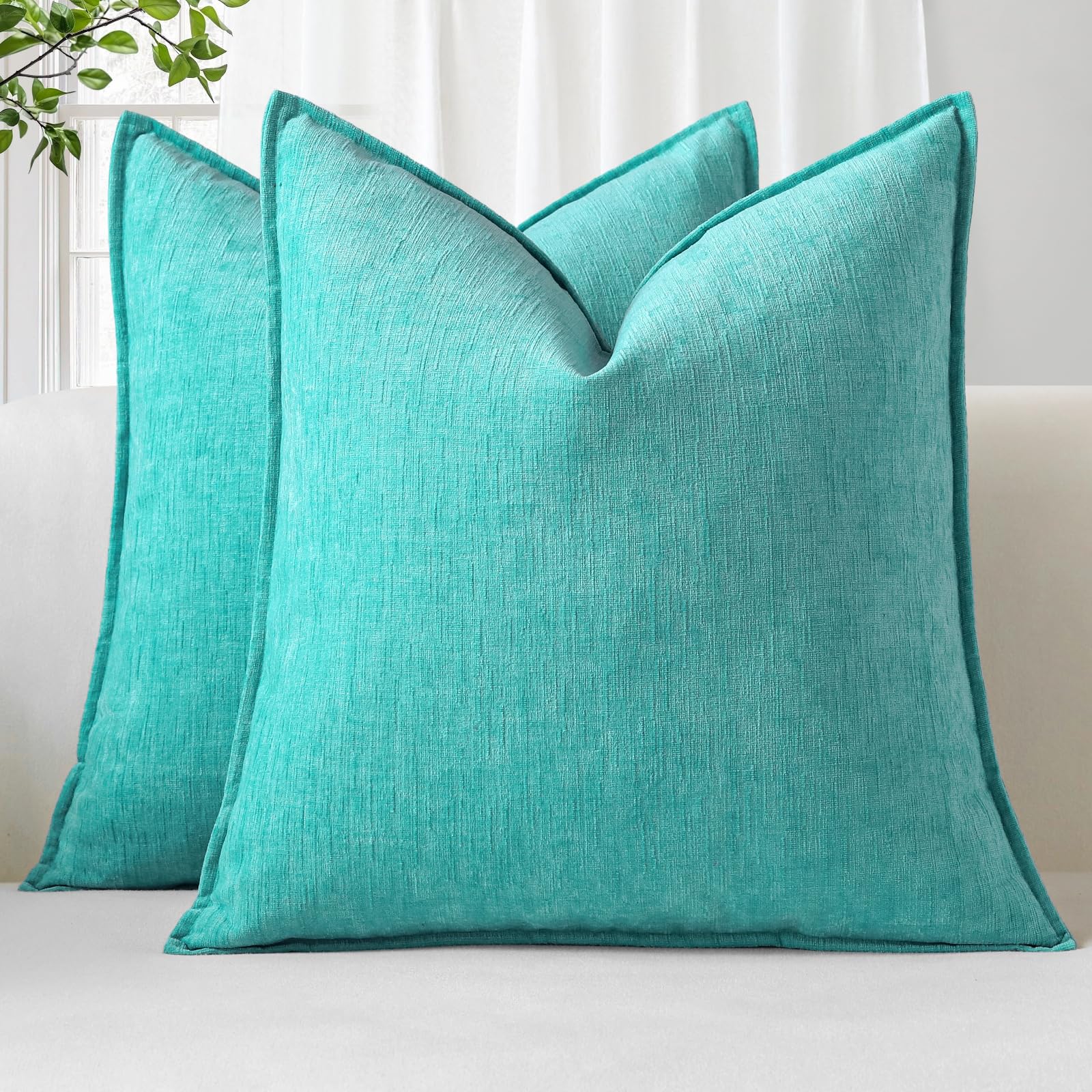 Sungeek Set of 2 Soft Chenille Cushion Covers 60x60cm Square Decorative Throw Pillow Covers with Stitched Edge Solid Dyed Pillow Cases Covers for Home Decor Couch Sofa Bed Living Room, Turquoise