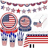 Lecheme 170 Pcs Patriotic American Flag Plates Napkins Cups Tablecloth Banner Red White Blue 4th of July Party Supplies for Flag Day, Veterans Decorations Serve 24