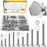 Mywish 254Pcs Nuts and Bolts, 1/4 20 5/16 18 3/8 16 Bolt, Heavy Duty 304 Stainless Steel Bolts and Nuts Kit with Flat Spring Washers, Includes 10 Common Sizes, Fully Threaded