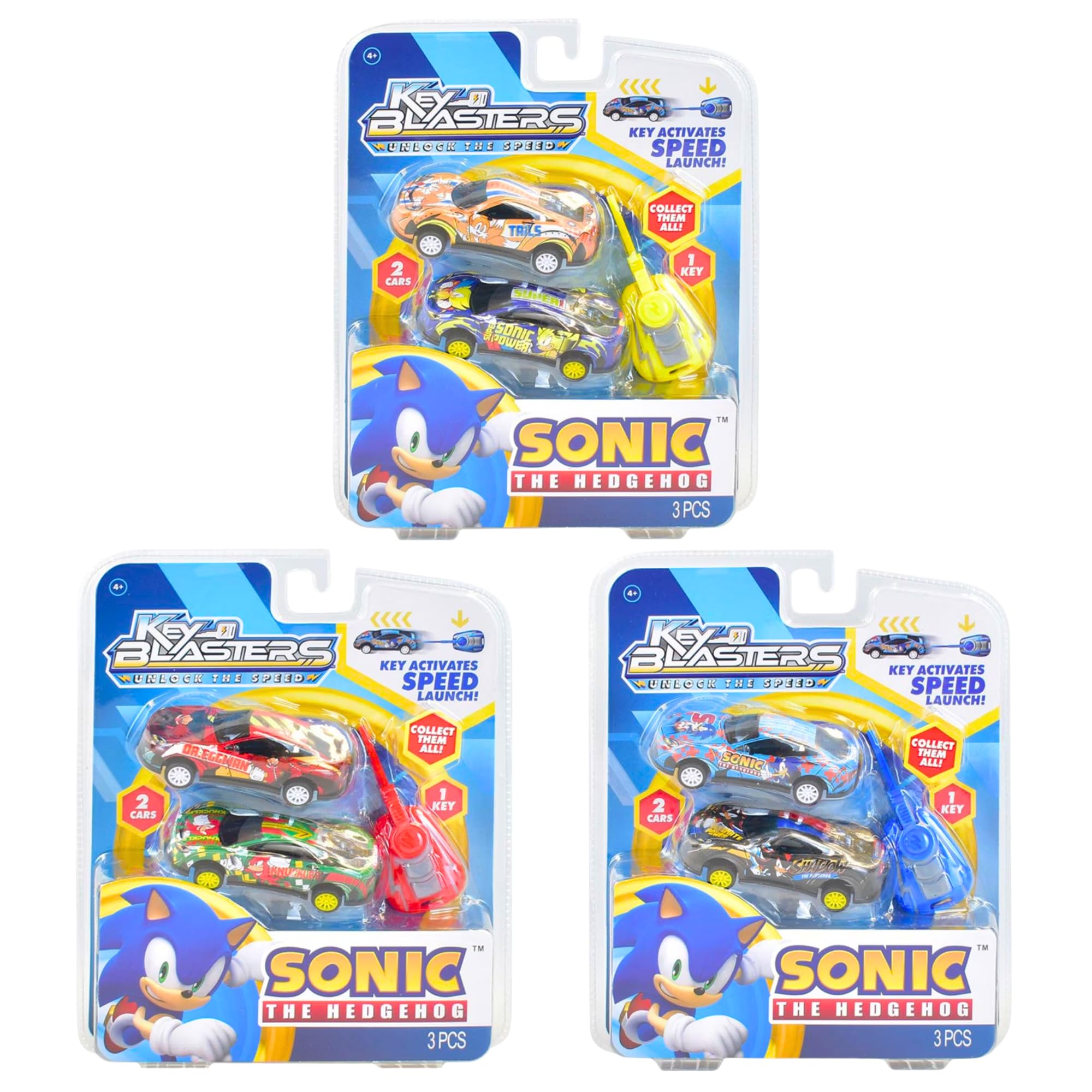 Sonic the Hedgehog Character Car Launcher Blaster Twin Packs Complete Set of All 3 - Sonic, Super Sonic, Tails, Shadow, Knuckles & Dr Eggman