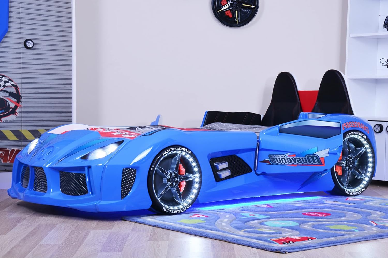 New 3ft Single Blue Childrens Gran Turbo Toddler Junior Novelty Racing Car Bed & Mattress with LED Lights