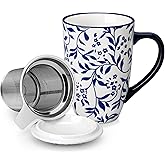 vancasso SELENE Porcelain Tea Mug, 18 oz Porcelain Tea Cup with Infuser and Lid Steeps Loose Leaf Tea, Microwave & Dishwasher Safe, Delicate Floral