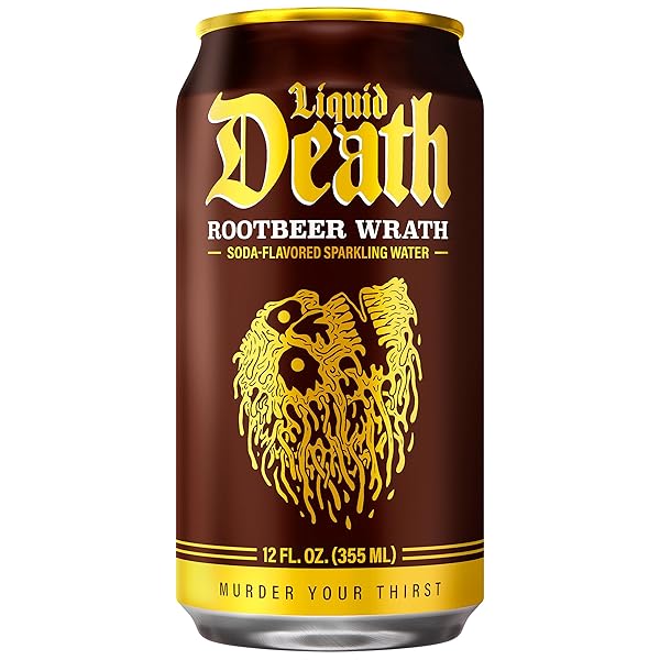 LIQUID DEATH SODA-FLAVORED SPARKLING WATER – ROOTBEER WRATH, LESS SUGAR*, HUGE FLAVOR, NO CAFFEINE, NO ARTIFICIAL SWEETENERS, 12 FL OZ (PACK OF 12)