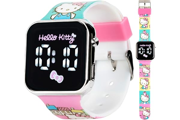 Hello Kitty Kids Touchscreen LED Watch with Sanrio Character Artwork and Town Scene Strap, Digital Display, Durable Silicone Band, Ages 6+, Fits Wrists 5.5"–8"