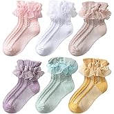 DEEKEY Baby Girls Socks Toddler Ruffle Socks Girls Frilly Lace Dress Socks Cotton Crew Socks