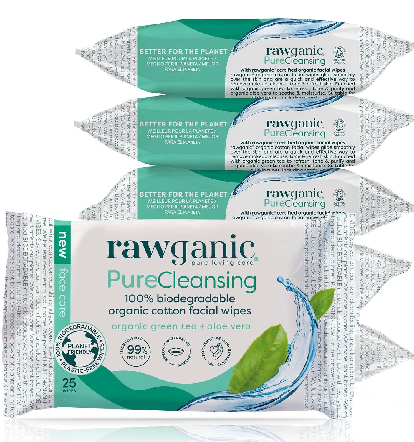 RAWGANIC Pure Cleansing Refreshing Facial Wipes with Aloe Vera and Green Tea | Gentle Soothing Biodegradable Makeup Removal Organic Cotton Wipes | 6 Packs (150 wipes in total)