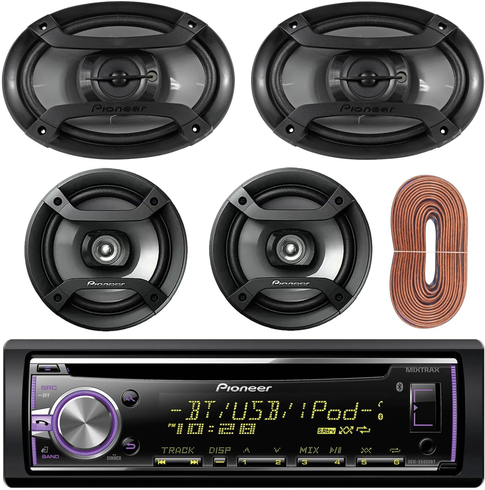 New Pioneer DEHX6800BT Car Stereo CD Receiver Bundle Combo with 2 Refurbished Pioneer TS-695P 6 X 9 230W Full Range Car Audio Spekaers + 2 Refurb. TS165P 6.5" Speaker + Enrock 50Ft Speaker Wire
