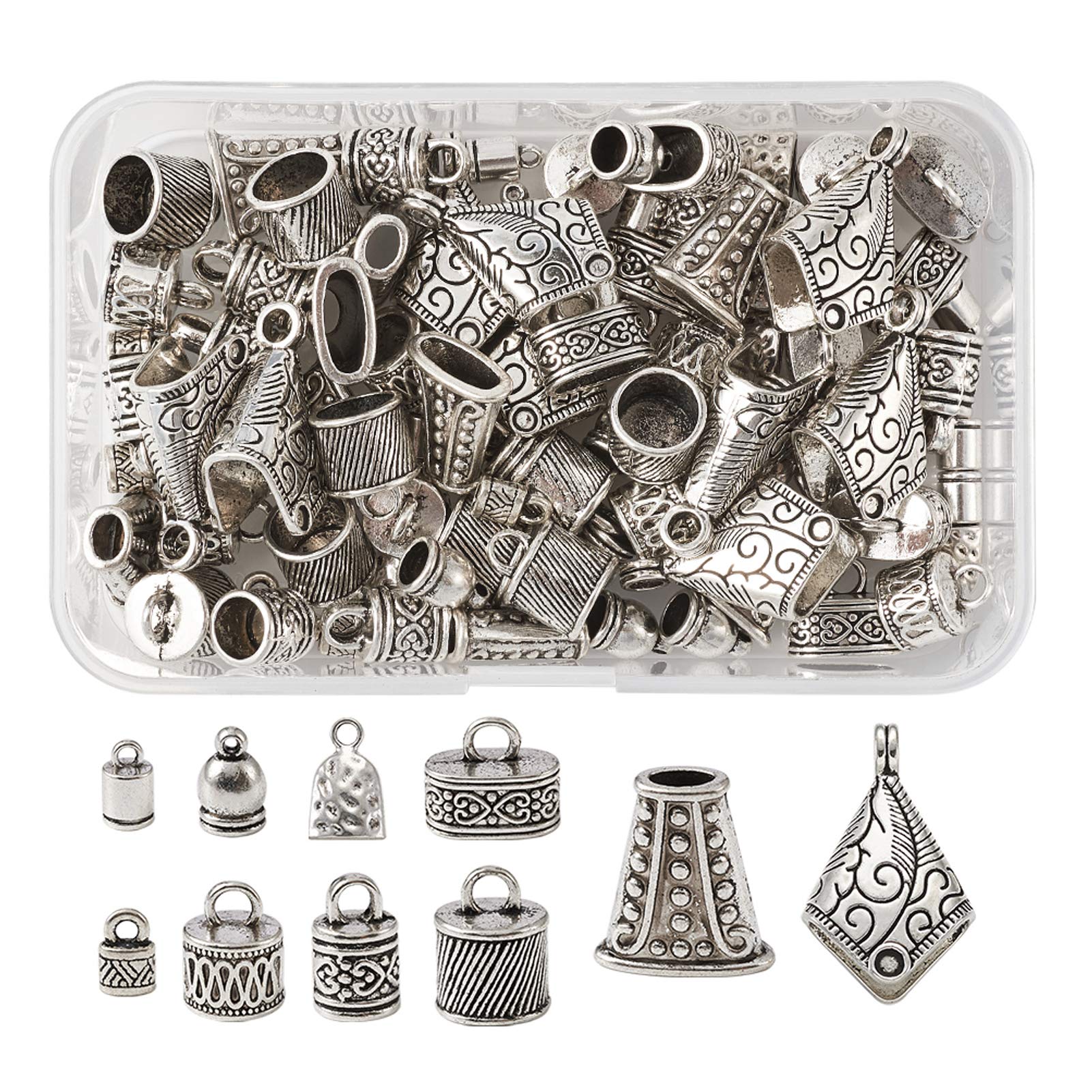 PandaHall 100pcs Antique Silver Leather Cord End Caps 10 Styles Alloy Bead Cones for Bracelet Earring Jewelry Making