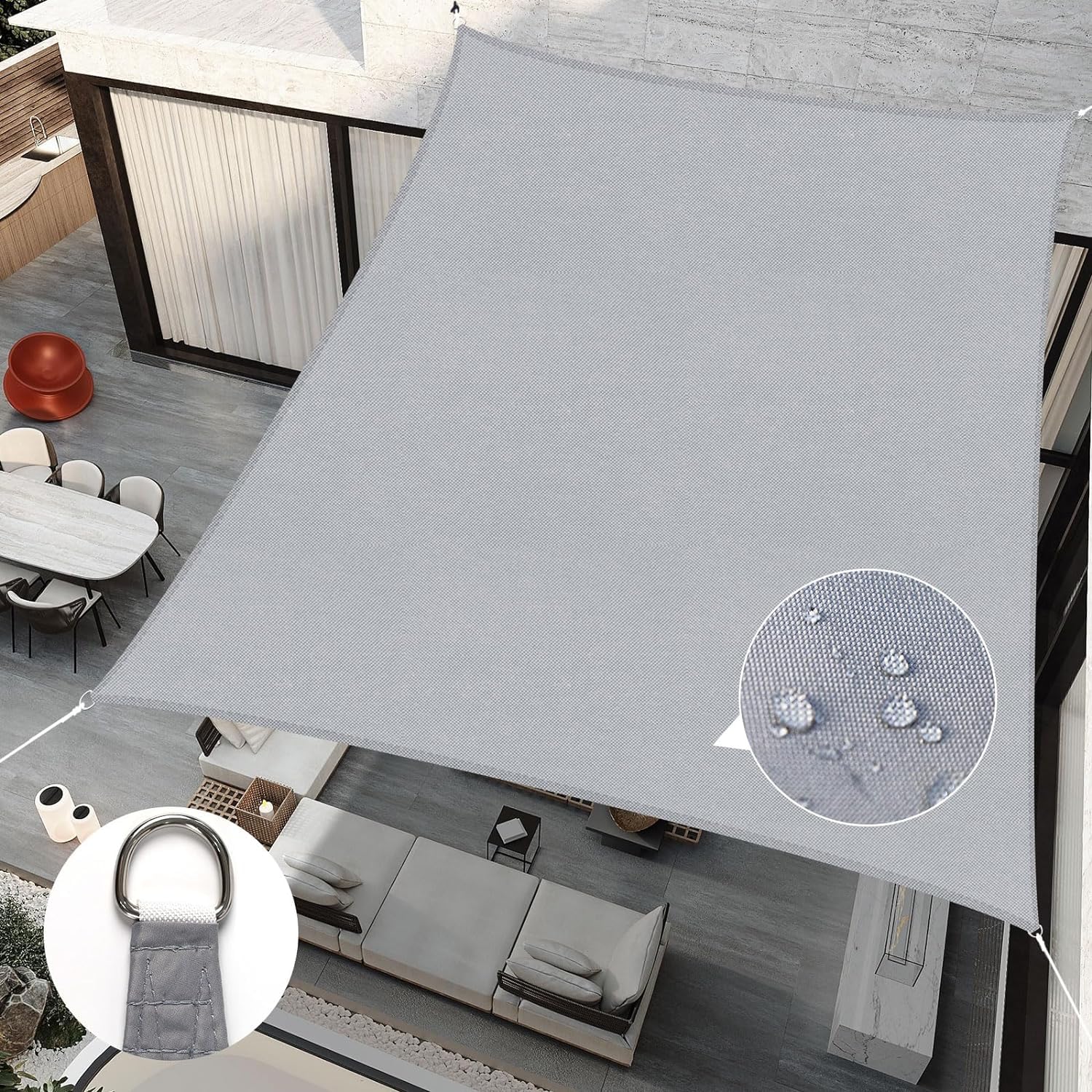 RICHIE Sun Shade Sail Angle 2x3.1m Waterproof, 98% UV Block Awnings for Patios with Free Rope, Sunscreen Awning Canopy, Rectangular Garden Shelter for Outdoor Garden Patio Yard Lawn,Light grey