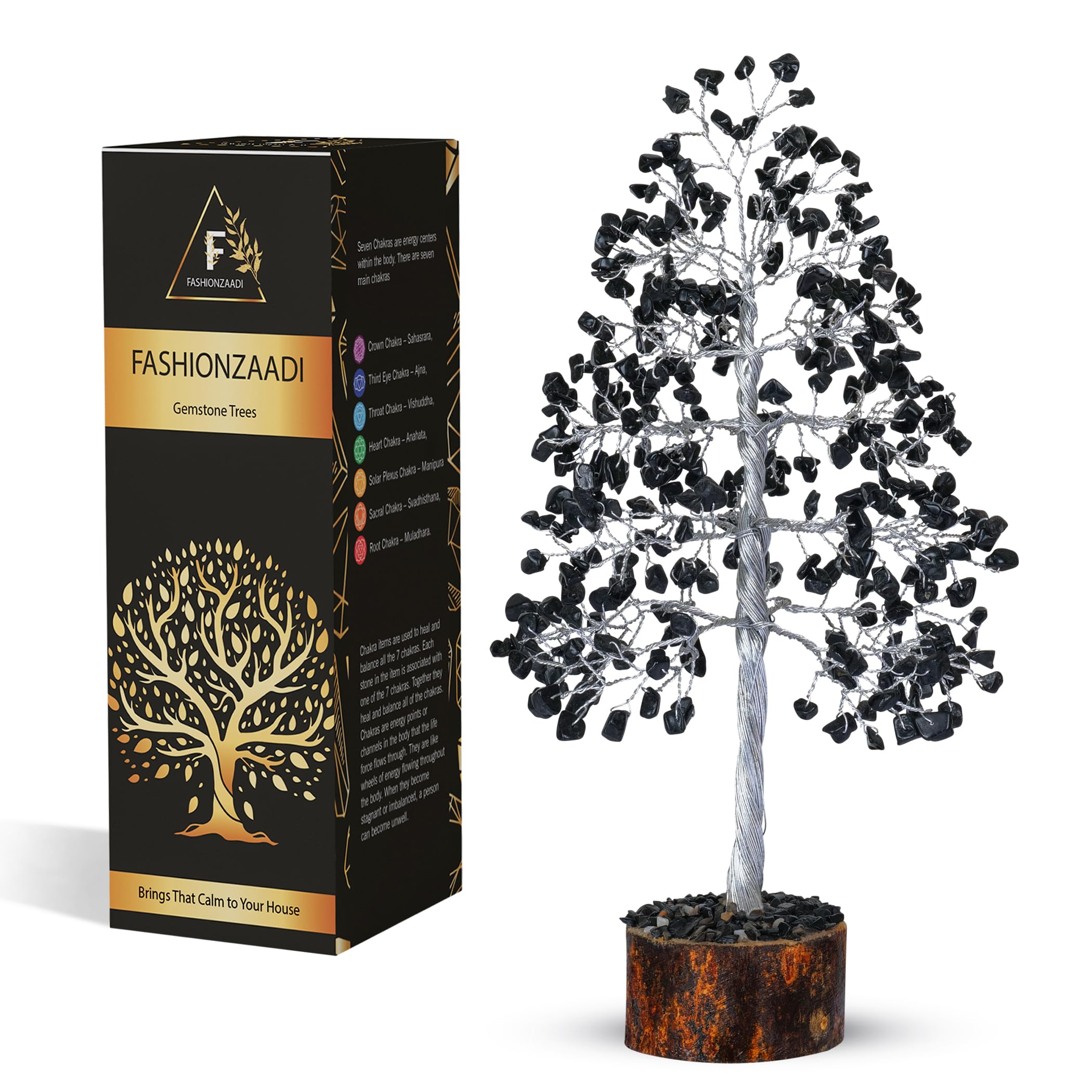 FASHIONZAADI Black Tourmaline Gemstone Crystal Money Tree Feng Shui Bonsai Trees For Good luck Chakra Stone Healing Crystals Home Office Living Room Decor Spiritual Gift size -10 Inch(Silver Wire)