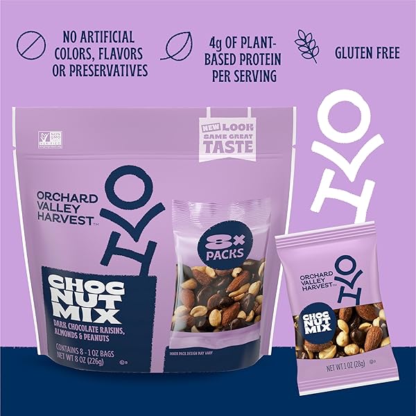 ORCHARD VALLEY HARVEST CHOC NUT MIX MULTIPACK, 1 OZ (PACK OF 8), DARK CHOCOLATE RAISINS, ALMONDS & PEANUTS, GLUTEN FREE, RESEALABLE BAG, NON-GMO, 4G PLANT BASED PROTEIN PER SERVING, ON-THE-GO SNACK