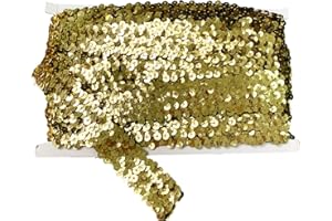 Gnognauq 10 Yards 1 inch Elastic Sequin Glitter Trim Spool String Metallic 3-Row Fabric Paillette Ribbon Trim for Wedding Dress Embellish Headband (Gold)