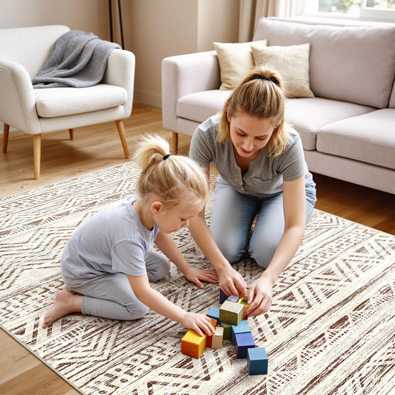 4x5 Washable Entryway Area Rug: Modern Moroccan Runner Rugs Indoor Soft Non Slip Door Mat for Living Room Low Pile Thin Floor Carpet for Kitchen Dining Room Bedroom Home Office Decor(4x5,Beige) Image