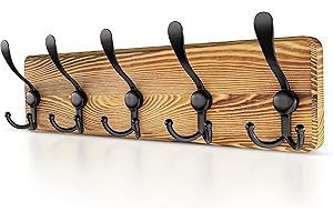 SAYONEYES Wooden Coat Rack Wall Mount 16” Hole to Hole -– Heavy Duty Rustic Pine Brown Wood Rack 17 Inch Length - 5 Tri Matte Black Wall Hooks for Hanging Towels, Clothes, Hat, Bag Hanger