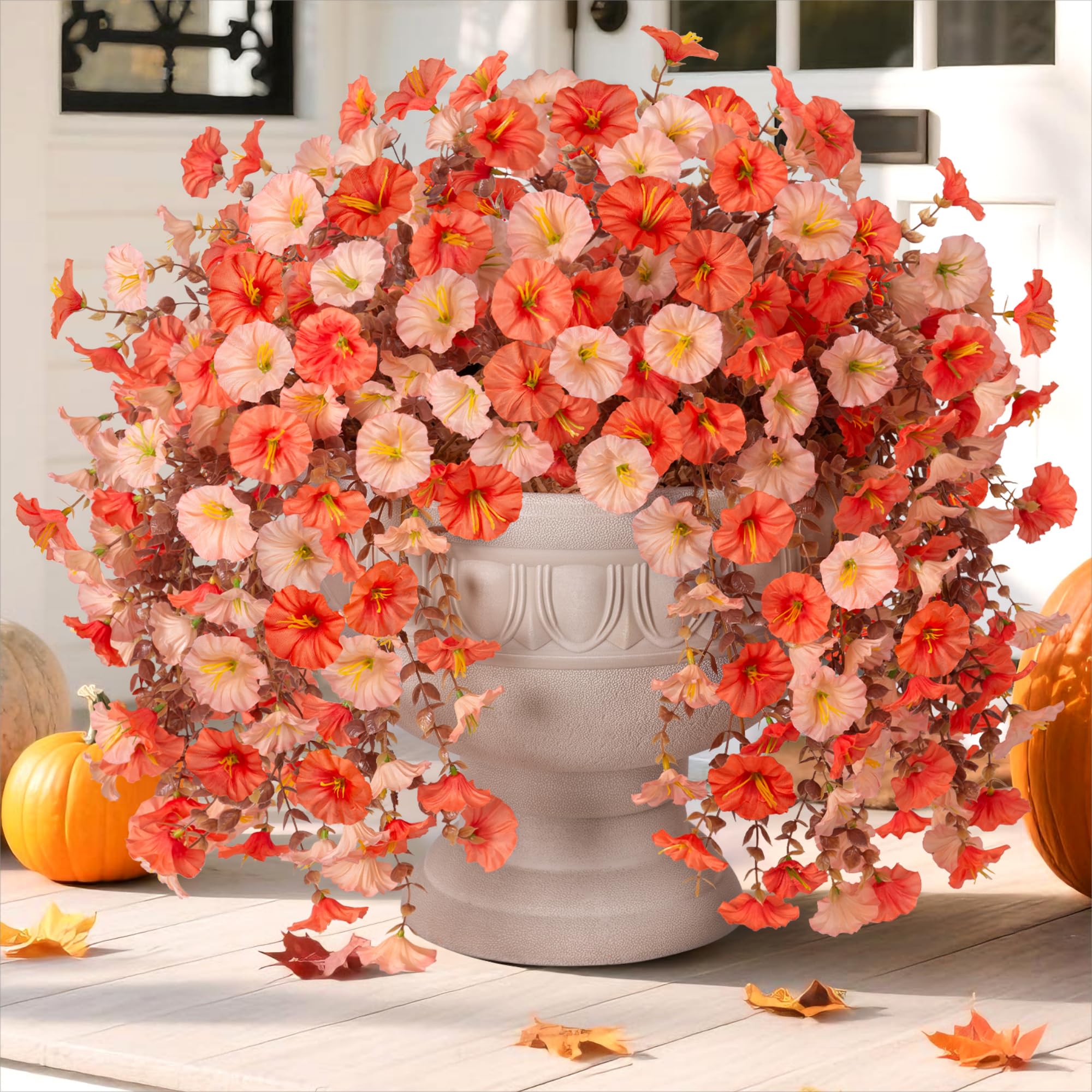 Photo 1 of ***2 PACKS INCLUDED***Ivydale Artificial Faux Mums Fall Flowers for Outdoor Outside Decoration, 2 PCS Fake Hanging Flowers Silk Morning Glory Plants with Eucalyptus for Home Garden Decor (Fall Orange+Light Orange)***2 PACKS INCLUDED***