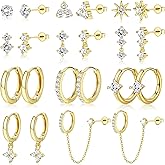 ZELORES 11/12 Pairs Hoop Earrings for Women 14k Gold Plated Small Huggie Hoop Earrings Pack Trendy CZ Cartilage Stud Earrings Set for Multiple Piercings