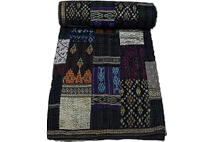 Marubhumi Indian Handmade Quilt Indian Silk Sari Kantha Quilted Patchwork (Black, King (108"x 108"))
