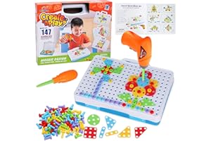 Haifeng 147 Pieces Creative nPlay Drill and Screwdriver Toy Set, DIY Mosaic Design Art Kit, STEM Education Learning Toy for Kids Aged 3-8 Years Old