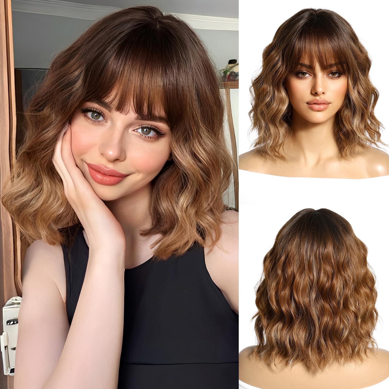 OUFEI Brown Wigs for Women Short Wavy Wig With Bangs Natural Synthetic Hair Heat Resistant Wigs for Daily Party Cosplay Wear — image 1