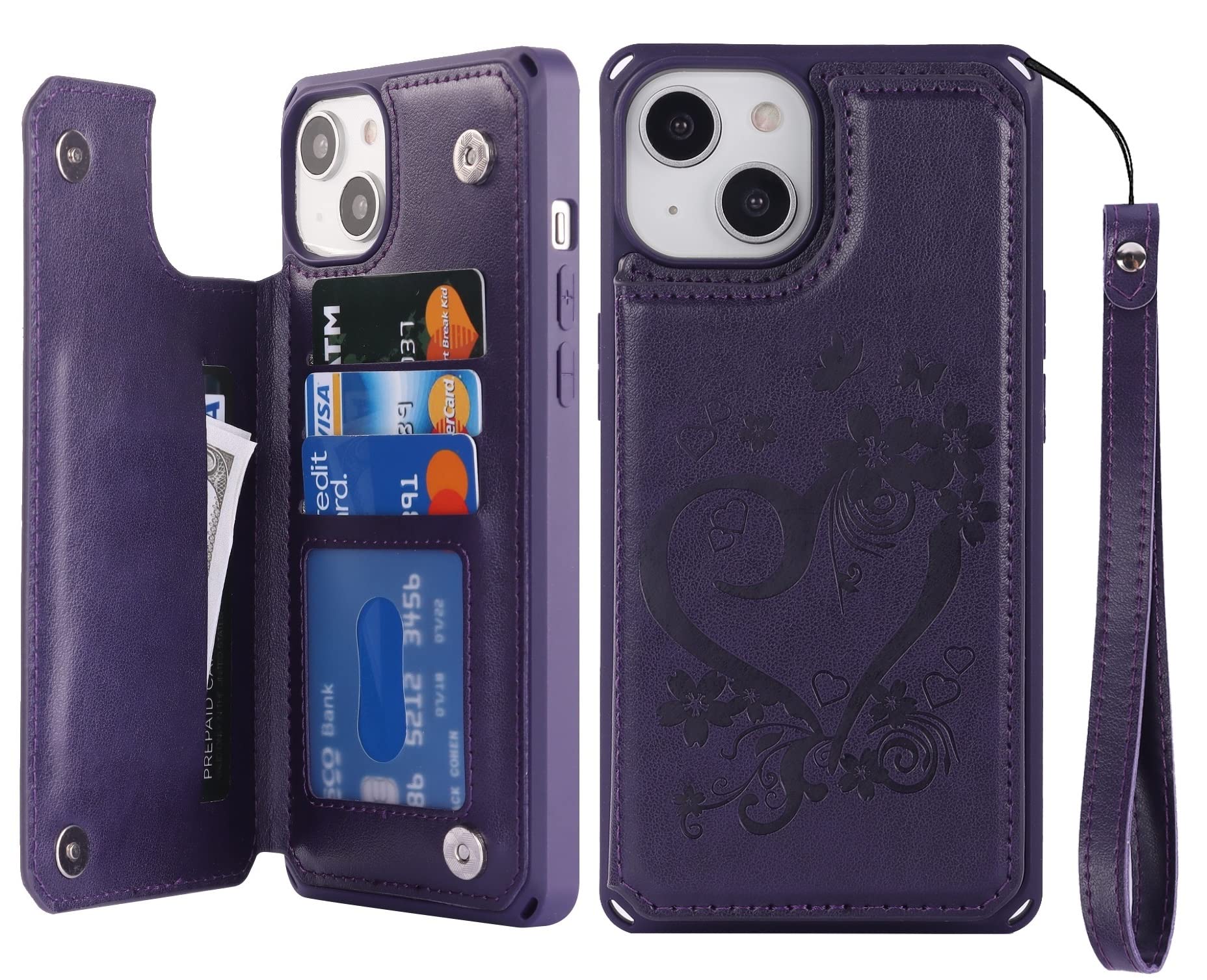 iCoverCase Compatible with iPhone 14 Plus Wallet Phone Case with Card Holder for Women, RFID Blocking Embossed PU Leather Wrist Strap Case 6.7 Inch (Heart Dark Purple)