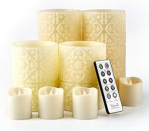 Furora LIGHTING LED Flameless Candles with Remote Control, Set of 8, Real Wax Battery Operated Pillars and Votives LED Candles with Flickering Flame and Timer Featured - Ivory Rome Collection