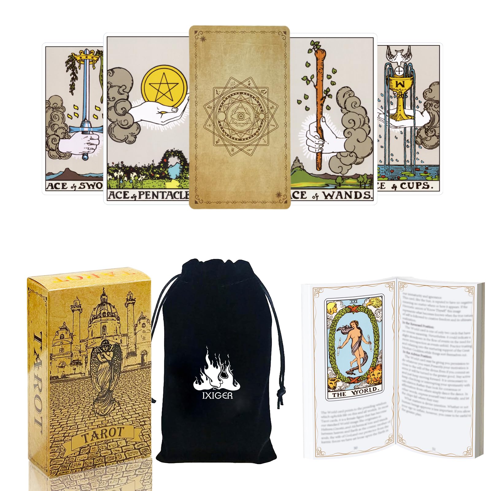 IXIGER Tarot Cards and Book for Beginners Set,Tarot Cards with 165 Page Guide Book,Tarot Cards Deck,78 Pcs Classic Tarot Cards Deck for Beginners and Experts Readers with Black Velvet Pouch Bag