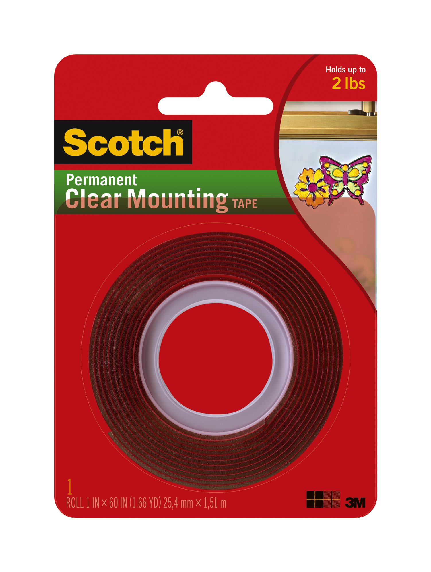Scotch Permanent Clear Mounting Tape, holds up to 2 pounds, 1" x 60", 1 Roll