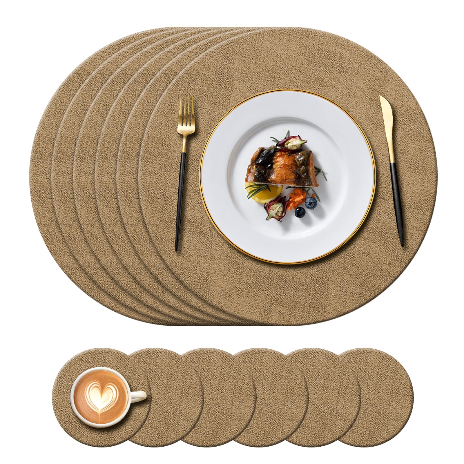 KERYCHIN 6 Round Leather Placemats(34cm) + 6 Coasters(10cm) Set, Heat-Resistant 212 °F PU Place mats, Non-Slip and Washable, Table Mats for Home, Hotel, Dining Table, Indoor, Outdoor, (Beige)