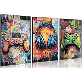 Gaming Graffiti Canvas Wall Art Gamer Room Wall Decor Cool Video Game Paintings Prints Gamepad Headphones Posters for Men Cave Teen Bedroom Dorm Playroom Home Decoration(Unframed,12x16x3 Inch)