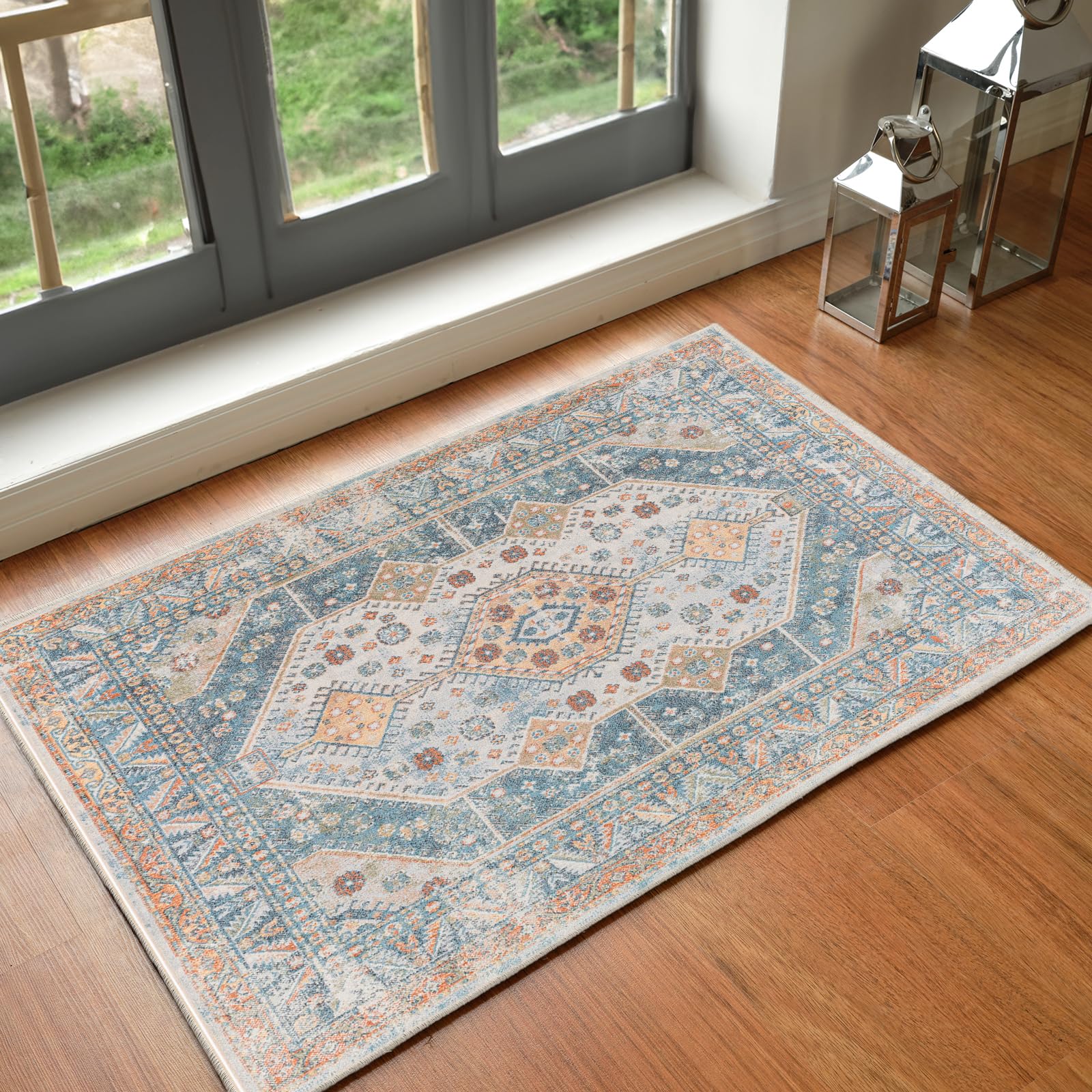 Livabliss Alka Enefis Machine Washable Floor Covering 66x115 cm – Vintage Boho Pattern for Living Room, Kitchen, Outdoor & Hallway, Easy Care, Blue, Brown & Beige