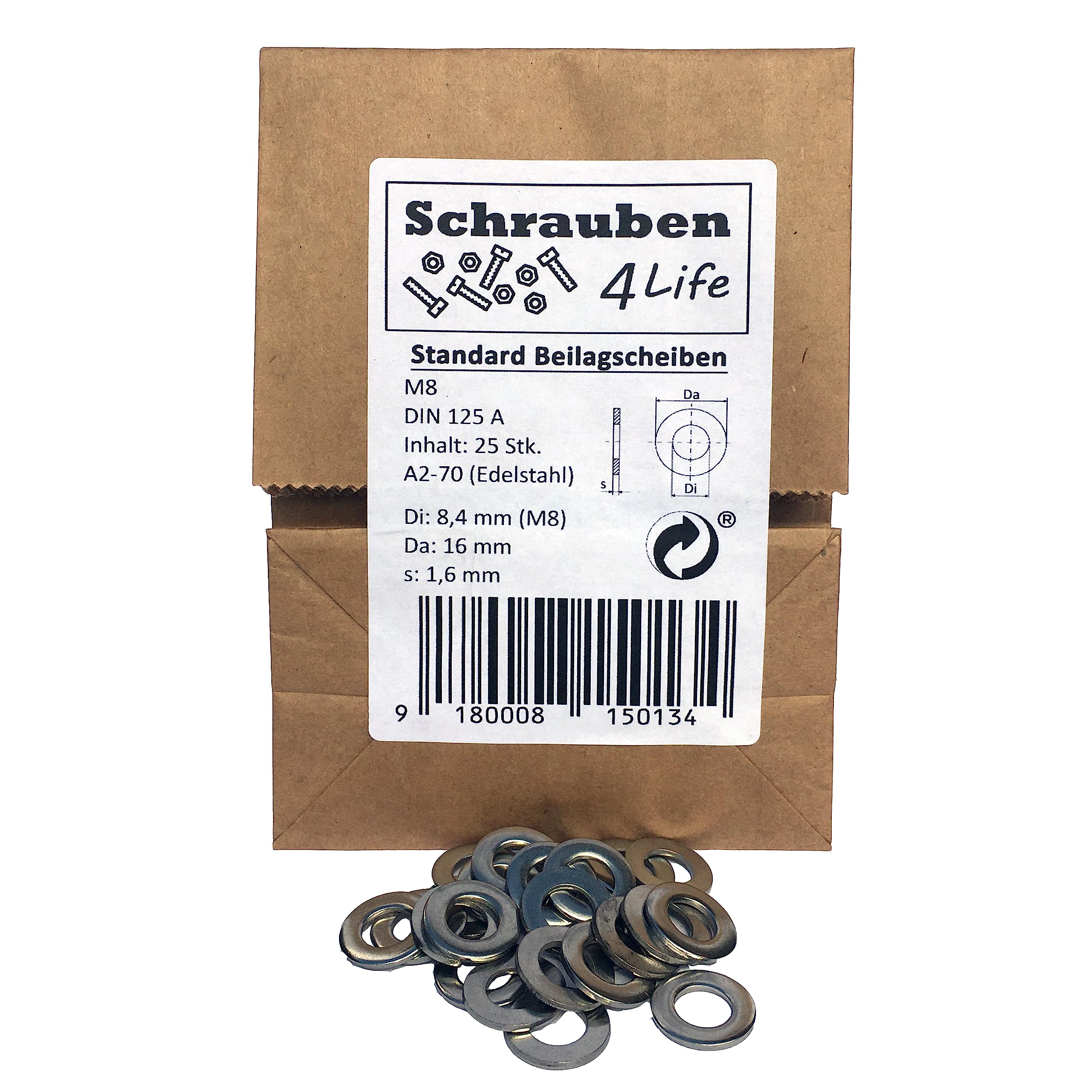Standard Washers M8 Stainless Steel Pack of 25 - Plastic-Free Packaging Schrauben4Life - A2-70, DIN125 Stainless Steel, Washers for Industrial, Garden and Home (25, M8)