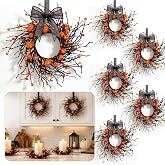 6 PCS Mini Halloween Cabinet Wreaths Black Wreath with Bow Small Hanging Halloween Wreath Crafts Ornament for Front Door WindowHalloween Candle Rings Wreath Kitchen Cabinet Fireplace Home Decoration